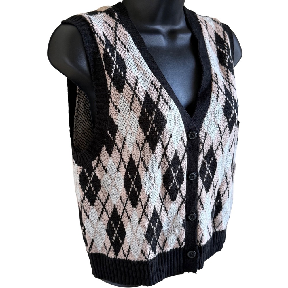 Cottagecore Argyle Knit Sweater Vest Soft Preppy Academia Layering Piece M - Picture 3 of 7